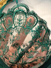 2 Pieces Set Of Women's Classic Green Christmas Bow Embroidered Semi Transparent Bra With Adjustable Shoulder Straps For Comfortable Home Style+Triangular Pants - Green - View 7