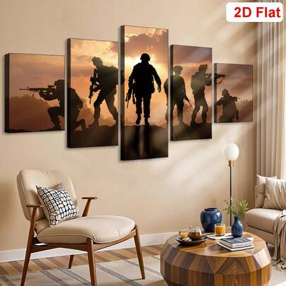 5pcs Framed Creative Canvas Poster, Military Theme Painting, Canvas Wall Art, Artwork Wall Painting For Gift, Bedroom, Office, Living Room, Hallway, Cafe, Bar, Wall Decor, Home And Dormitory Decoration