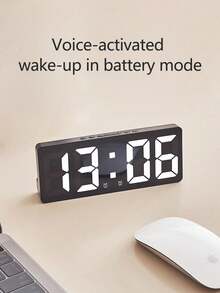 1pc New 2-In-1 Alarm Clock, Large LED Display, Digital Clock, 5-Level Brightness Adjustment, Voice Control Function In Battery Mode, 3 AAA Batteries (Not Included), Suitable For Living Room And Bedroom Decor, Great Christmas And Halloween Gift