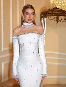 Love Aing 女士白色串珠连衣裙，优雅正式礼服，适合节日、情人节、派对、婚礼宾客穿着，奢华珍珠装饰修身连衣裙，春季款 - 白色 - 查看 11