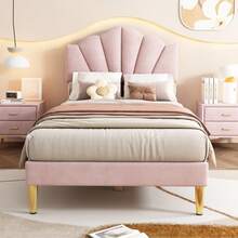 Upholstered Velvet Bed, 90 X 200 Cm, Shell-Shaped Bed With Gold Iron Legs, Height-Adjustable Headboard, Wooden Slatted Base, Pink - Pink - View 6