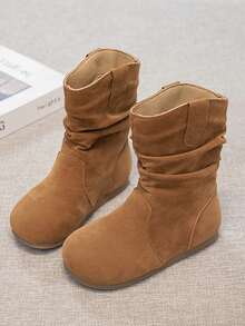 1 Pair Girls Tan PU Thermal Lined Slouch Boots Slip-On Comfortable Winter Daily Wear For Big Kids - Camel - View 1