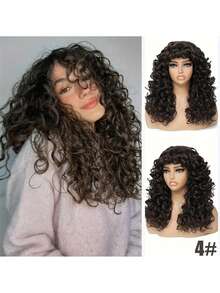 Synthetic Heat Resistant Wigs Bouncy Curls Wigs With Bangs Copper Ginger 20 Inch Dark Brown Wig Bangs Wig Daily Used Easy To Wear Beginner Friendly Big Bouncy Fluff Curly Wigs - Dark Brown - 查看 2