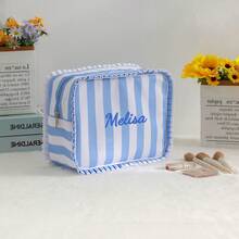 Personalized Embroidered Makeup Bag For Girls, Custom Name Gingham Toiletry Pouch With Cute Ruffle Trim, Soft Pastel Travel Cosmetic Organizer, Lightweight Large Capacity Storage Bag, Ideal Gift For Friends, Bridesmaids, Or Christmas