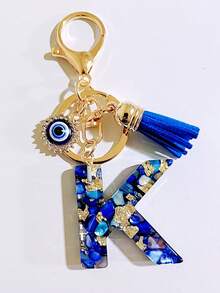 26pcs Bohemian Style Gemstone Blue Resin Letter Keychains, Bag Charms With Evil Eye And Tassel Decor, Holiday/Birthday Party Favors Christmas Gift Car Accessories Teacher Friend Sister Gift Ideas - Royal Blue - View 30