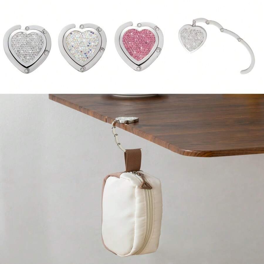 1pc Rhinestone Heart Shaped Foldable Handbag Hook, Women's Purse Hanger Holder Rack For Desktop, Folding Desk Decor - Multicolor - View 1