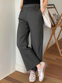 Livesso 女式人字纹羊毛混纺直筒九分裤，秋冬休闲长裤