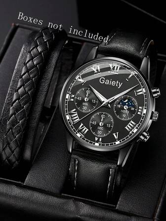 2 件男士黑色 PU 皮革表带时尚休闲经典复古混合刻度日内瓦圆形表盘石英表链手链套装适合日常佩戴或节日礼物