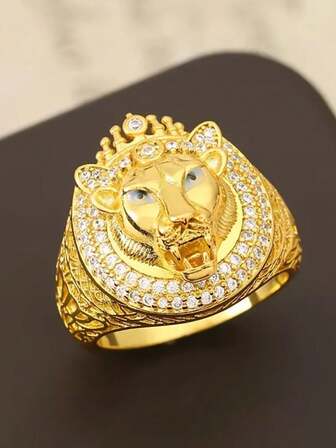 1pc Vintage Style Gold Lion Ring, Copper Alloy High-End Gold 3D Carved Lion Design With Cubic Zirconia Accents, Single Ring - Ideal For Parties, Father's Day, Banquets, Holidays, And Daily Wear, Great Gift For Boyfriend, Husband, And Father