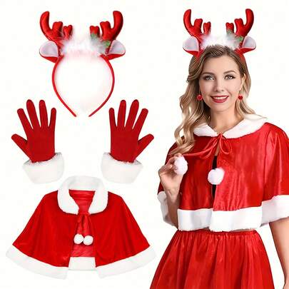 Christmas Costume For Women - Santa Claus Velvet Shawl, Cape & Deer Headband With White Trim, Festive Holiday Dress-Up Theme Party Outfit, Christmas Costume, Christmas Cost