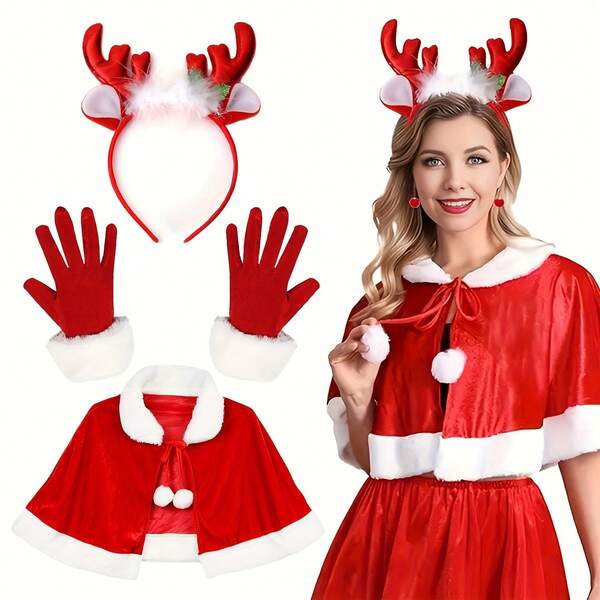 Weihnachtskostüm für Frauen - Samt-Umhang, Umhang und Hirschgeweih-Stirnband mit weißer Borte im Weihnachtsmann-Stil, festliches Urlaubsverkleidungs-Themenparty-Outfit, Weihnachtskostüm, Weihnachtskosten