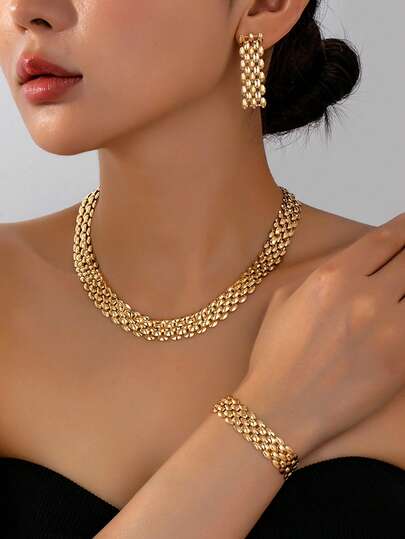 1 Set de elegante pulsera de cadena, collar, aretes, aretes de aro, accesorios encantadores de estilo europeo y americano de moda para mujeres