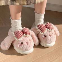 2025 New Cute Cartoon Rabbit Plush Slip-On Slippers, Thick Sole Fluffy Indoor/Outdoor Warm Comfortable Casual Fur Slippers - Pink - View 3