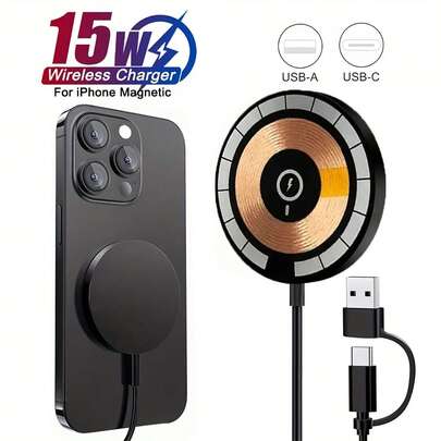 1 Peça Carregador Sem Fio Magnético de Carregamento Rápido de 15W Compatível com iPhone 17 Pro Max/17 Pro/17/Air/16/15/14/13/12/11/XS/XR Series