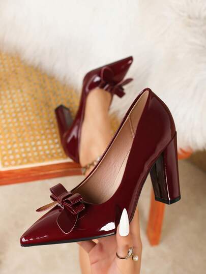 大码酒红色尖头粗跟高跟鞋，舒适正式场合女鞋