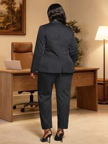 Women's Notched Collar Long Sleeve Waist Cinched Proportional Blazer & Pencil Pants Suit, Double-Breasted Striped Print Casual Commuter Minimalist Workwear, Comfortable Women's Long Sleeve Pants Suit, Striped Double-Button Blazer Suit For Women, Suitable For Holidays, Office, Daily Wear, Weddings, Spring/Summer, Autumn/Winter