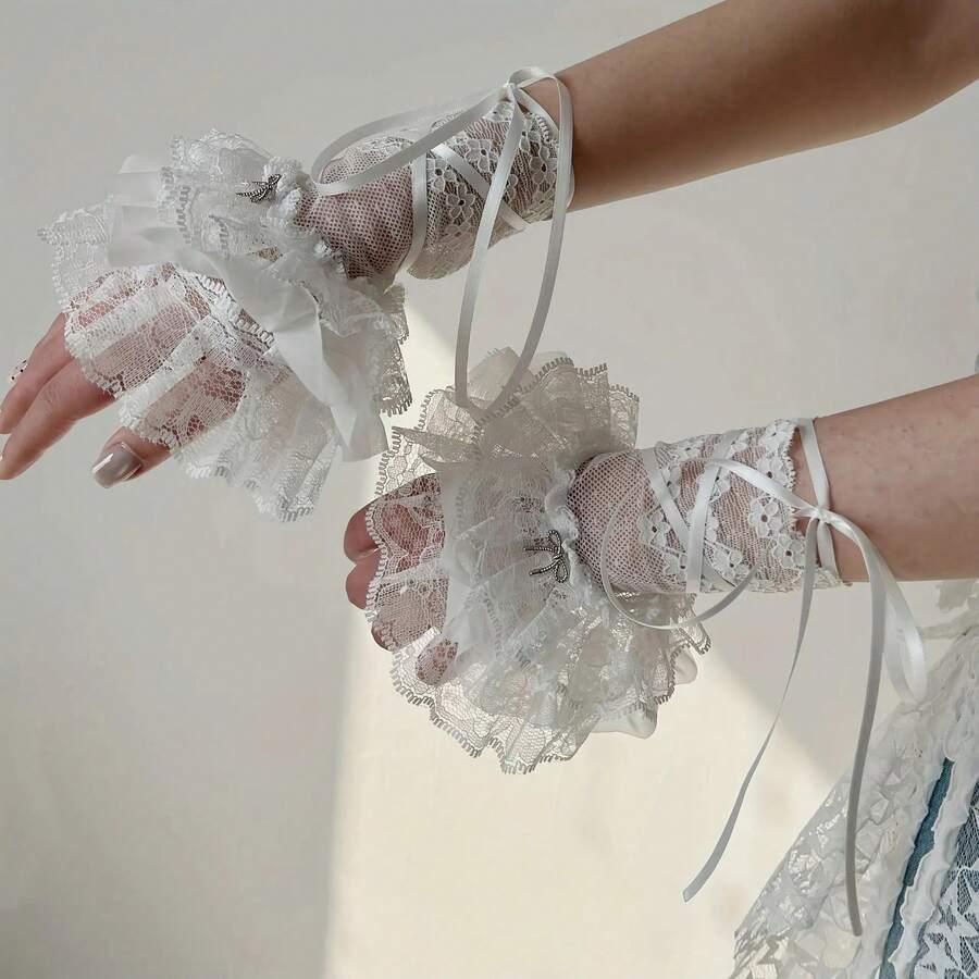 Women's Lace Gloves And Leg Warmers - Geometric Floral Sheer Mesh Design, Ruffled And Ribbon Embellishments, Y2K Party Photo Theme Event Fashion Accessories - 珍珠白 - 查看 1