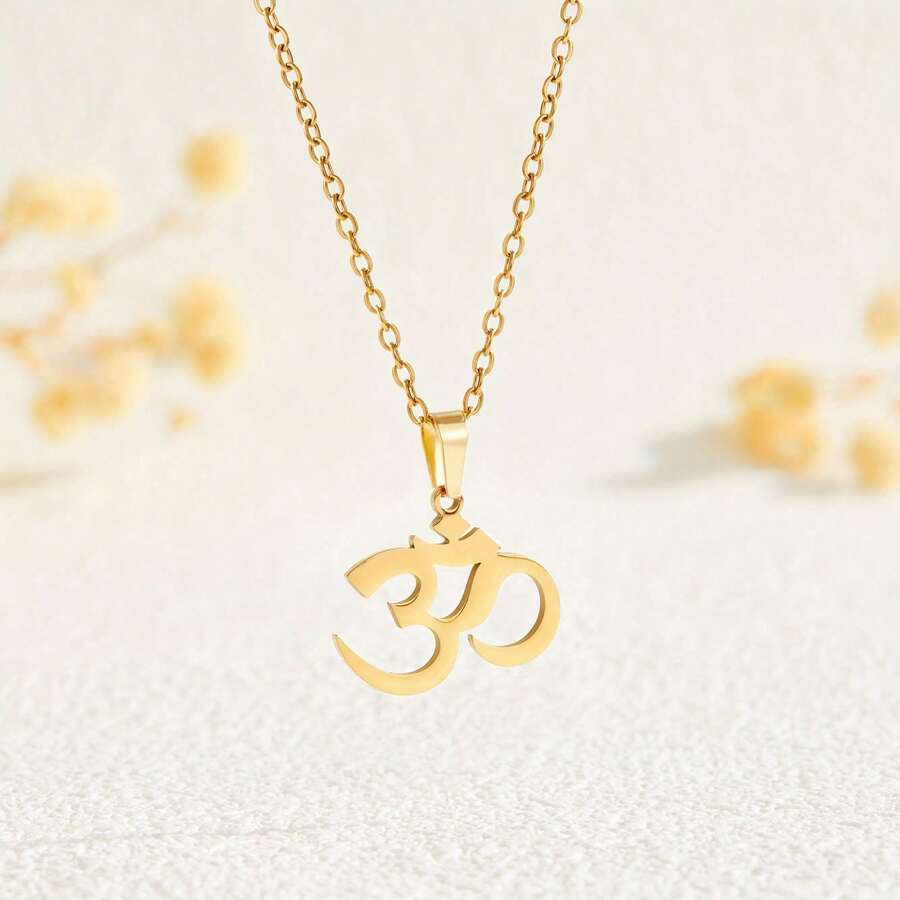 Ladies Stainless Steel Om Yoga Necklace - 18K Gold Plated Large Om Symbol Pendant, Simple And Elegant Design, Smooth Curve And Open Ring Design, Easy To Wear, Spiritual Jewelry Gifts For Yoga Lovers, Birthday Or Holiday Gifts, Exquisite Daily And Special Occasion Necklaces (For Parties, Meditation Or Casual Wear) - Golden Om Mantra Symbol, Versatile And Timeless Accessories - Golden - 查看 1