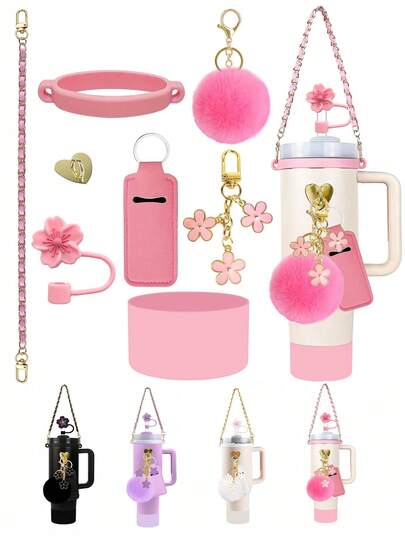 Set di 8 accessori per tazze multicolore, adatto per contenitori da 30-40 once, dotato di base in silicone, trappola in silicone, corda da tenere in mano, adesivo a forma di cuore, palline di capelli a forma di cuore, portachiavi e tappo a forma di fiore, oltre a un set di portachiavi con rossetto quadrato monocolore, accessori per tazze e accessori da esterno