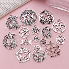 Mixed 15 Pcs DIY Antique Silver Pentagram, Sun, Moon Charms, Keychains, Necklace, Bracelet, Earring Pendant Accessories, Alloy Ornaments. - Antique Silver - View 8
