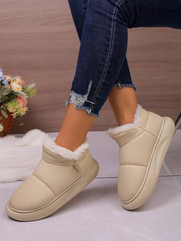 Chinelos Confortáveis Forrados de Pelúcia para Mulheres, Chinelos Internos Quentes com Sola Grossa, Couro PU Impermeável, Adequado para Pós-Parto, Inverno