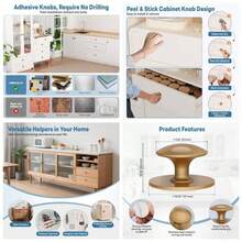5 - Pack Self - Adhesive Cabinet Knobs, No - Drill Self - Stick Drawer Knobs Dressers, Kitchen, Glass Cabinets, Closets - Strong Adhesive Round Stainless Steel Stick On Handles 5, Gold - 5+金 - 查看 1
