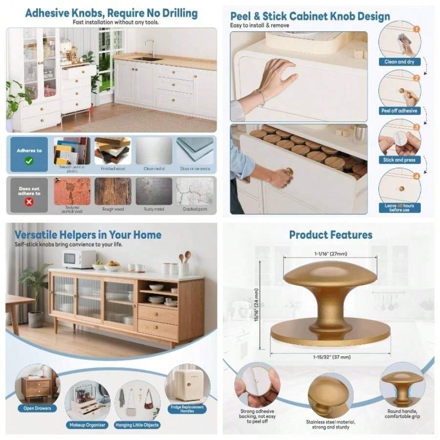 5 - Pack Self - Adhesive Cabinet Knobs, No - Drill Self - Stick Drawer Knobs Dressers, Kitchen, Glass Cabinets, Closets - Strong Adhesive Round Stainless Steel Stick On Handles 5, Gold - 5+金 - 查看 1