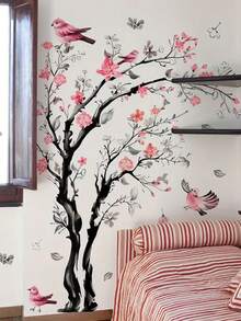 3pcs/2pcs/1PC Peach Tree Leaf Bird Wall Stickers, Pink Plum Blossom Branch Bird Wall Stickers, Cartoon Girl Back Plant Flower Butterfly Wall Stickers, Living Room Background Wall Home Decor Self-Adhesive Wall Stickers, Children's Room Decor Wall Sticker Mural, Self-Adhesive Wall Art Stickers Wall Decor