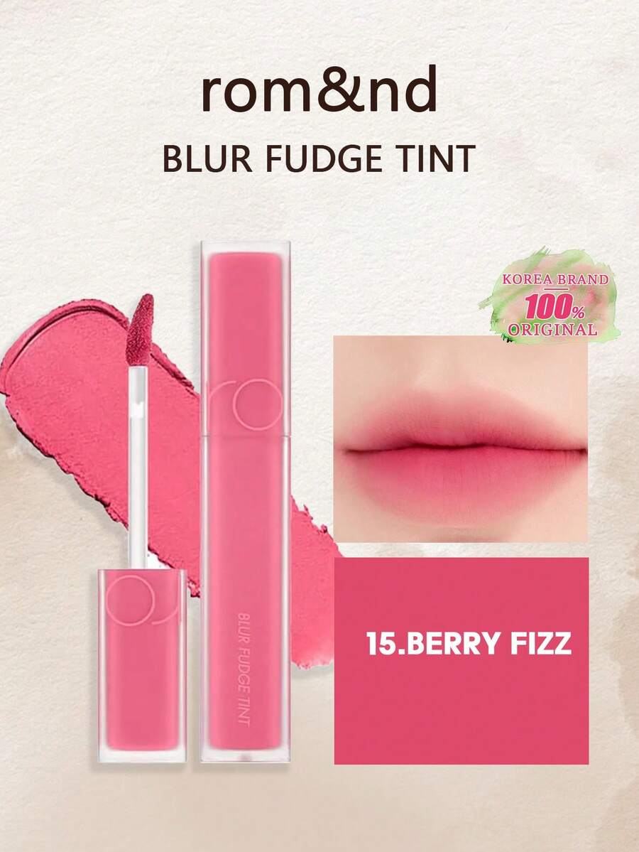 Rom&nd Romand BLUR FUDGE TINT 15 BERRY FIZZ，Romand 唇膏，唇彩，哑光唇釉，轻盈柔滑质地，易于涂抹，持久显色，高饱和度，不拔干，丝绒般柔滑，哑光妆效，易于晕染，韩国彩妆，韩国化妆品，礼盒装，5.0克/0.18盎司