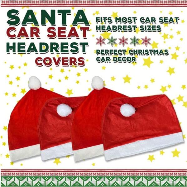 Christmas Car Seat Covers Set – Festive Headrest Covers & Santa Hat Decor | Holiday Scene Arrangement Props For Vehicle Decoration