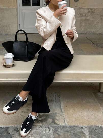 Women's Minimalist Stylish Round Neck Short Jacket, Suitable For Daily Commute, Home, Autumn, Christmas