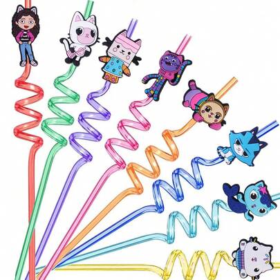 1/8Pcs Gabby Kids Straws Cartoon Gabby Cat Reusable Drinking Straw Gabby Dollhouse Cats Straws Birthday Party Supplies Baby Shower Toys