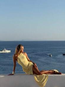 Women's Solid Color Sexy Slit Draped Party Dress, Cocktail Banquet Christmas Halloween Dress, Elegant - Yellow - View 4