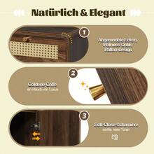 Kommode Sideboard 120cm Nussbaum, Schubladenschrank mit Rattan & Goldgriffen, 3 Schubladen + 2 Schränke + offenes Regal, Höhenverstellbare Einlegeböden, H85/B120/T40 cm