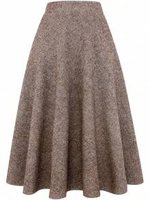 Long Plaid Wool Skirt Women Fall Winter Warm High Elastic Waist A-Line Flared Pleated Tartan Skirt, Fashionable Cold-Weather Skirt - 深卡其色 - 查看 1