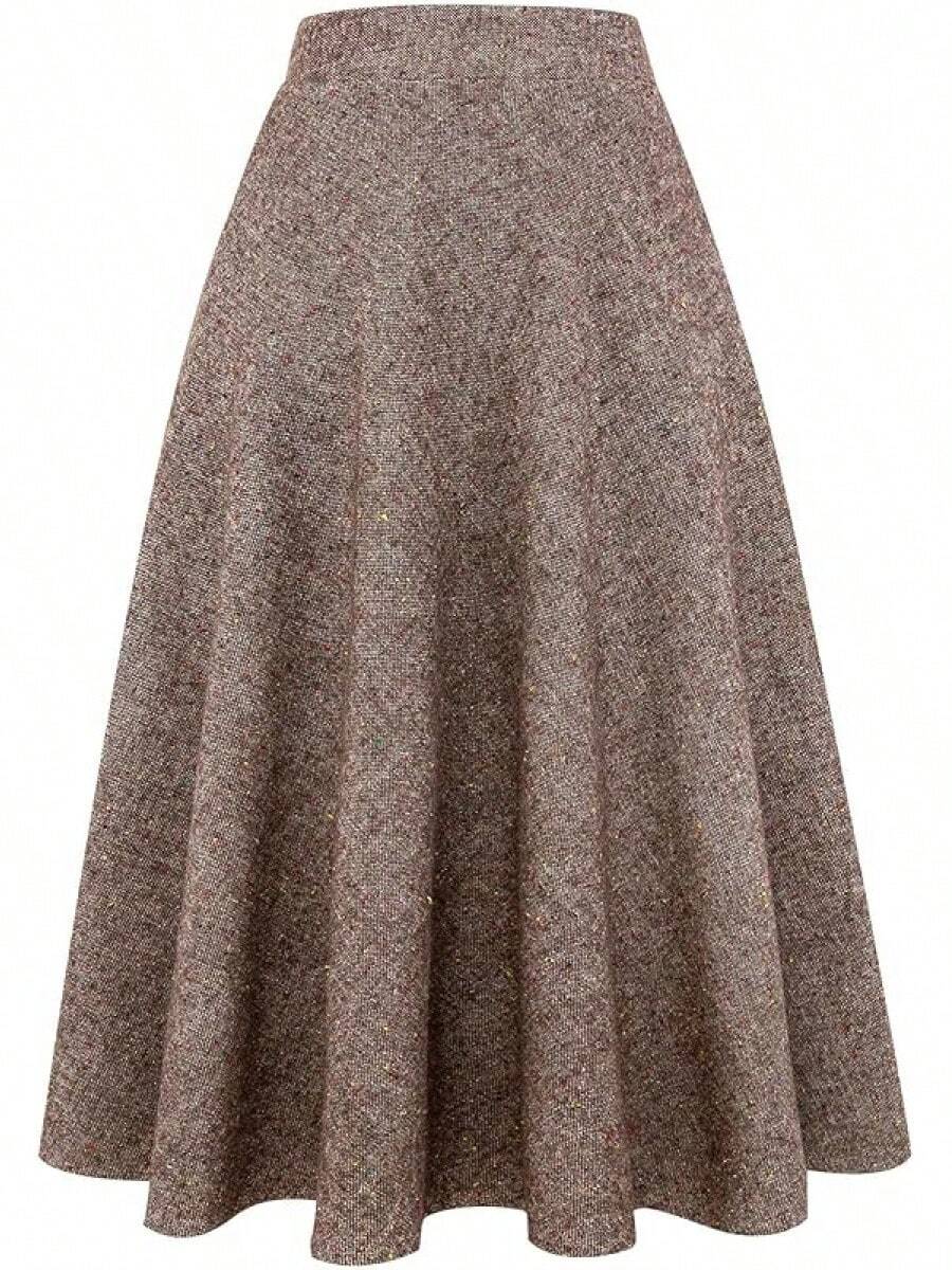 Long Plaid Wool Skirt Women Fall Winter Warm High Elastic Waist A-Line Flared Pleated Tartan Skirt, Fashionable Cold-Weather Skirt - 深卡其色 - 查看 1