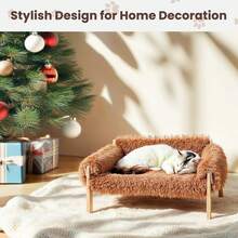 Yealeo 1 Piece Soft And Comfortable Raised Cat Bed Sofa Made Of Wood, Sturdy Large Cat Sofa - Fashionable Cat Chair With Removable Mattress Cover For Kittens, Anti-Anxiety Cat Bed - 卡其色 - 查看 2