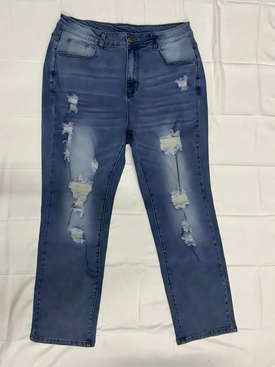 Jeans ajustados de mujer con efecto desgastado y lavado azul, elásticos y versátiles, aptos para el uso diario en todas las estaciones