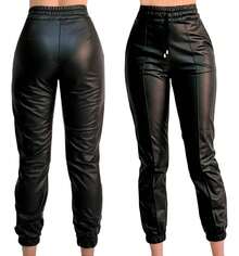jogger pantalon pants vinipiel piel falsa  con resorte en tobillo modeno juvenil casual - Negro - Ver 1