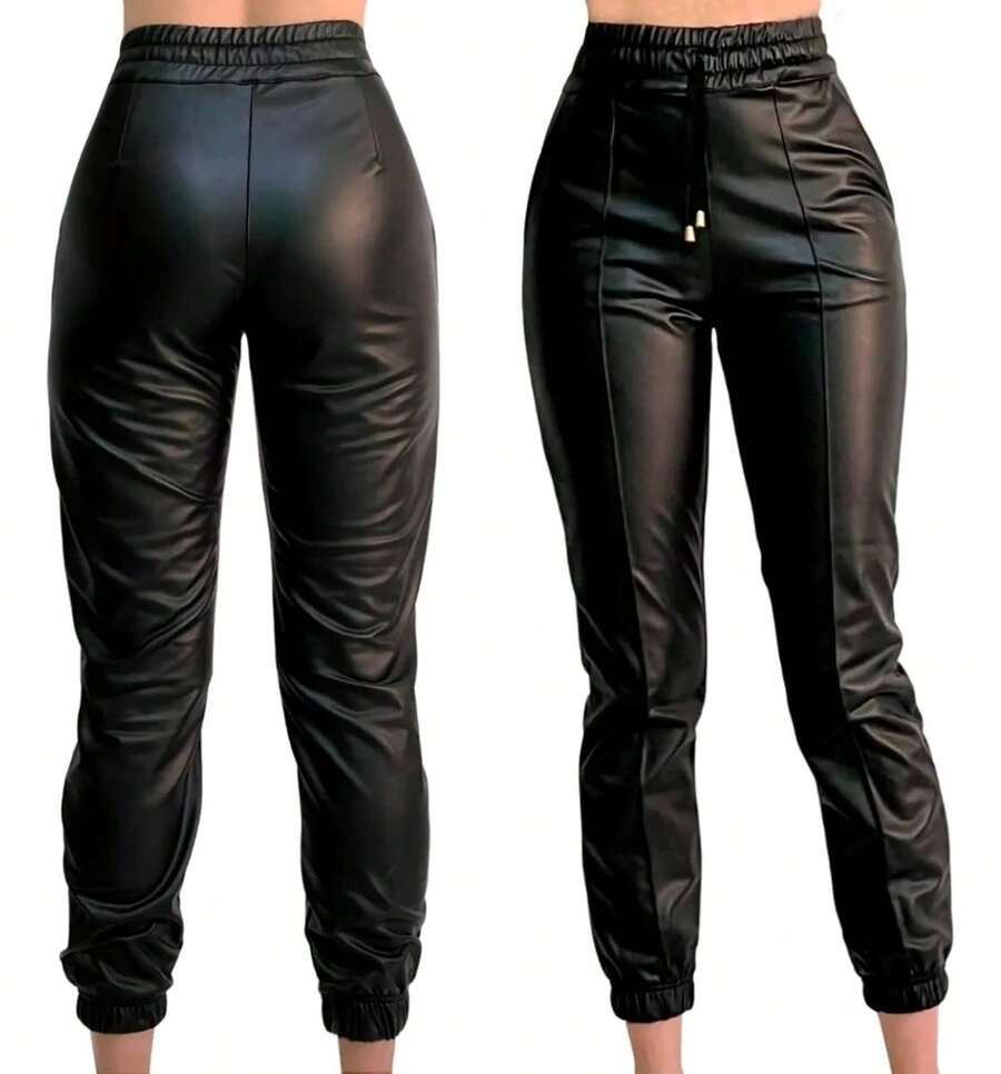 jogger pantalon pants vinipiel piel falsa  con resorte en tobillo modeno juvenil casual - Negro - Ver 1