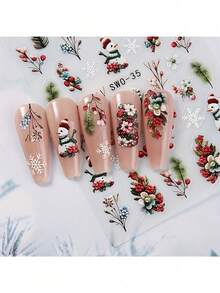 5D立体浮雕圣诞美甲贴纸 - 雪人、圣诞树和雪花图案 | 哑光效果，自粘节日美甲贴纸，圣诞美甲 - 彩色 - 查看 14