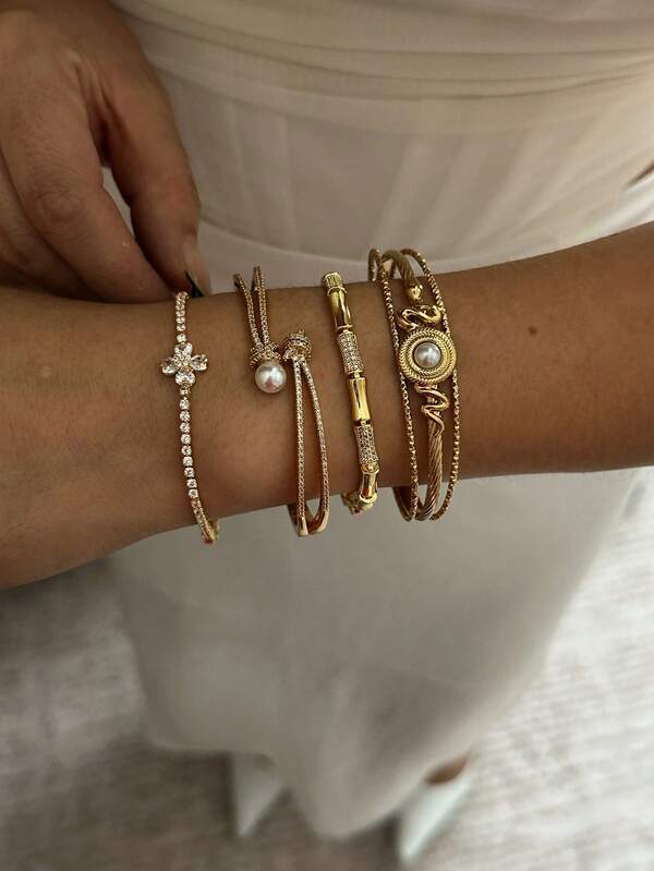 14k Gold Plated Cubic Zirconia & Pearl Elegant Luxury Women Bracelet