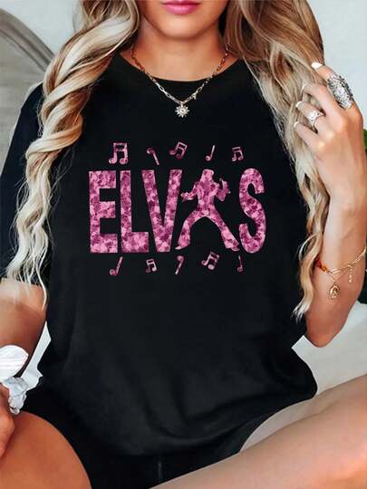 100% Cotton Pink Music Notes Elvis Silhouette On Black Round Neck Short Sleeve T-Shirt Women's Men's Graphic Tee