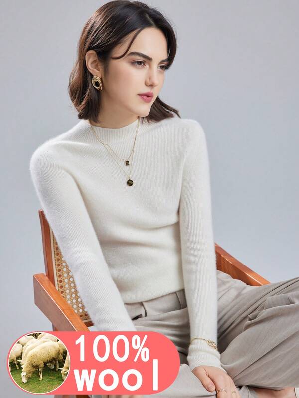 Women's Autumn/Winter Turtleneck Sweater, 100% Wool, Seamless Knit, Slim Fit, Ribbed, Suitable For Holiday, Office, Home, Travel, Airport, Warm Layering, Women's Winter Outerwear, New Year, Thanksgiving, Christmas Pullover