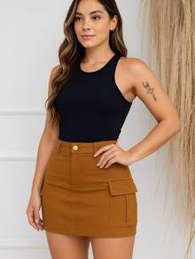 Women's Short Cargo Jeans Skirt With Side Pockets - 鏽棕色 - 查看 5