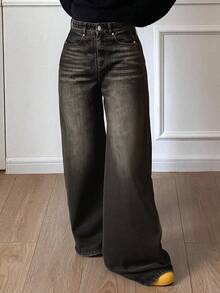 Livesso 水洗喇叭阔腿牛仔裤，Y2K低腰宽松牛仔裤 - 黑色 - 查看 4