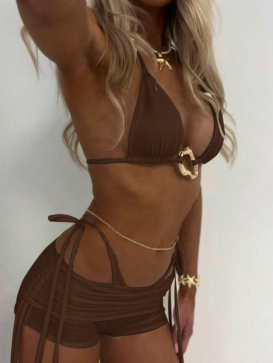 三件套纯色比基尼泳衣套装，吊带露背设计，时尚休闲比基尼上衣和短裤套装，适合女性，适合复活节、派对、音乐节、情人节等场合；女士沙滩装；女士毕业季度假装；女士优雅沙滩泳装；女士沙滩比基尼泳衣；女士泳衣；女士泳装；夏季度假装 - 棕色 - 查看 1