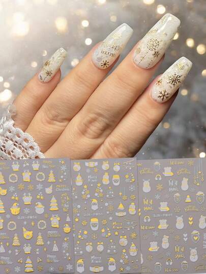 3pcs Christmas Nail Art Stickers - Santa Claus, Snowman, Snowflakes, Elk, Gingerbread Man, Christmas Tree, Christmas Hat And Christmas Gift Box Design, Women Nail Decals, 3D Shiny Finish, Cute, Shiny And Cartoon Themes, Easy To Apply Nail Decoration, DIY, Gift, Party Makeup Look, Artistic Nail Stickers, Y2K
