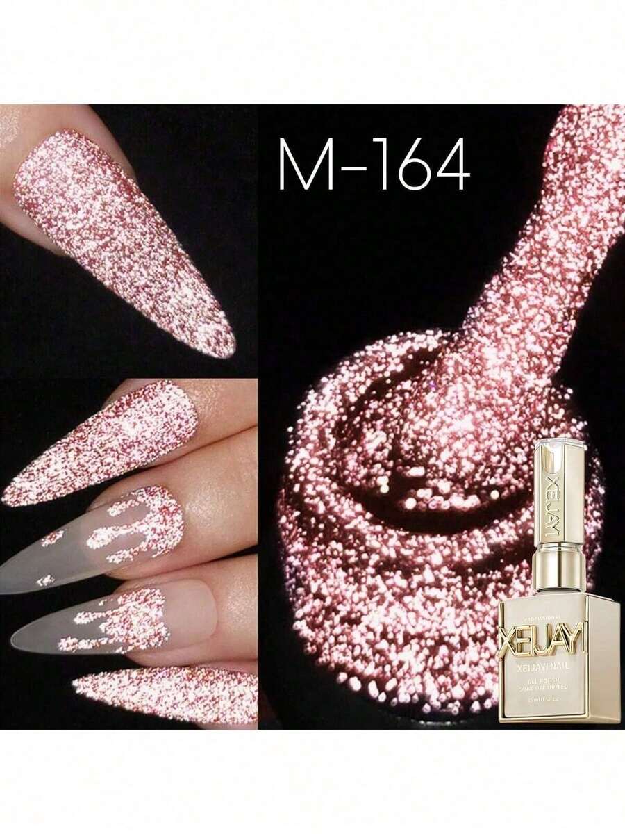 Esmalte de uñas rosa con brillo y rhinestones XEIJAYI, rojo brillante con brillo, arte de uñas reflectante holográfico removible para UV/LED, fórmula adecuada para uso en el hogar y salón, esencial para la primavera