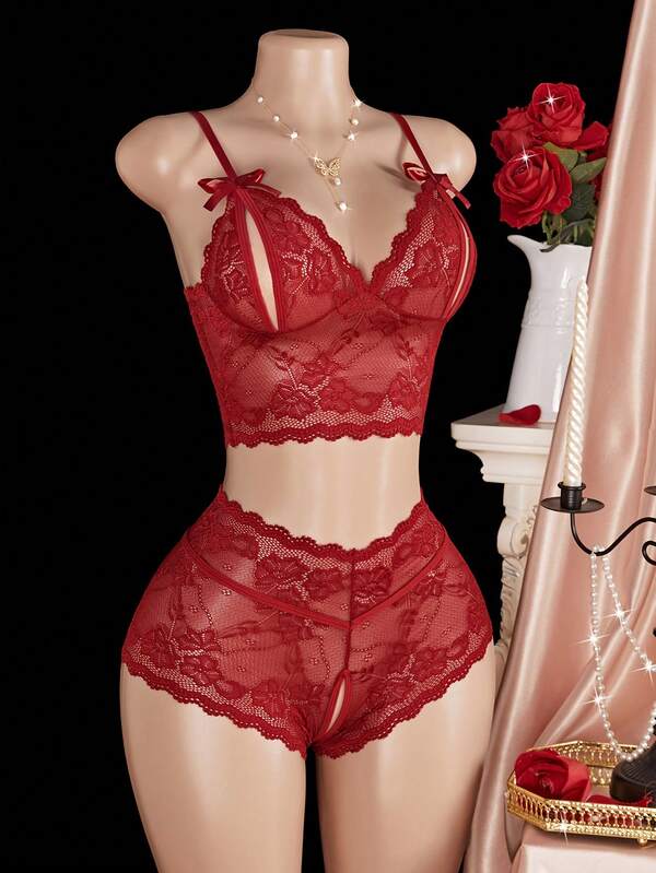 Conjunto de Lingerie Sexy Feminina, Lingerie Transparente com Estampa Floral, Sutiã Transparente com Laço e Tanga Sedutora